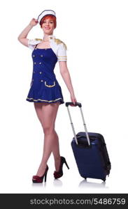 Woman travel attendant with suitcase on white