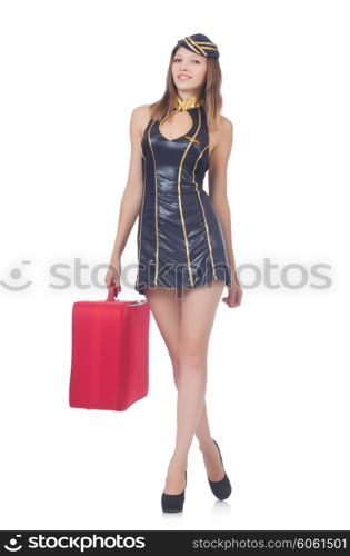 Woman travel attendant with suitcase on white