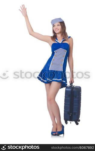 Woman travel attendant with suitcase on white