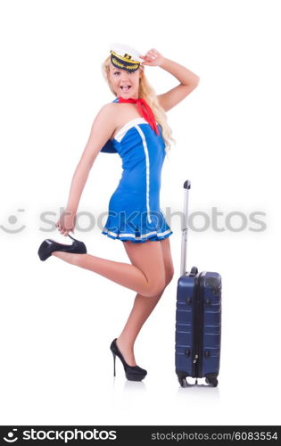 Woman travel attendant with suitcase on white