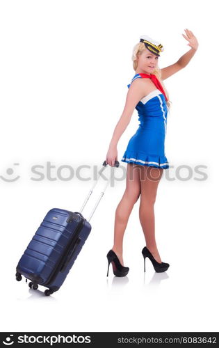 Woman travel attendant with suitcase on white