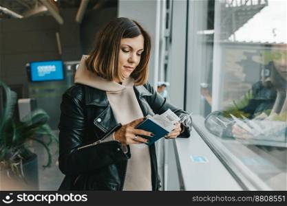 Woman traveler standing near panoramic big window at airport. Lady waiting for flight. Travel, journey, airplane concept. High quality photo. Woman traveler standing near panoramic big window at airport. Lady waiting for flight. Travel, journey, airplane concept.