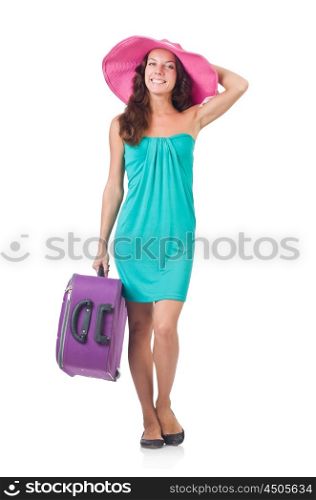Woman traveller with suitcase isolated on white