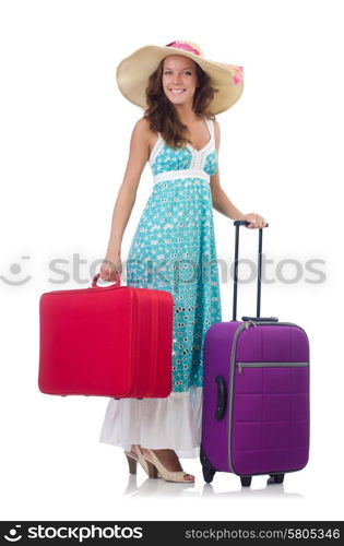 Woman traveller with suitcase isolated on white