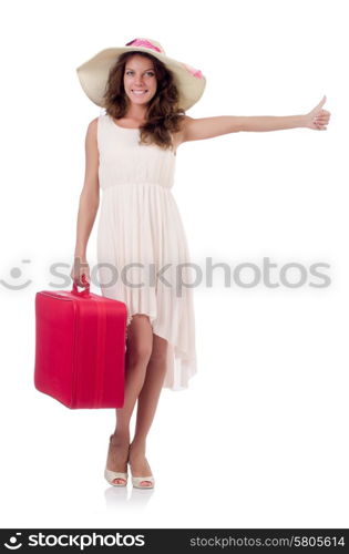 Woman traveller with suitcase isolated on white