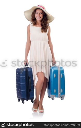 Woman traveller with suitcase isolated on white