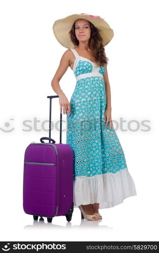 Woman traveller with suitcase isolated on white