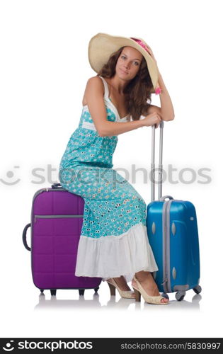 Woman traveller with suitcase isolated on white