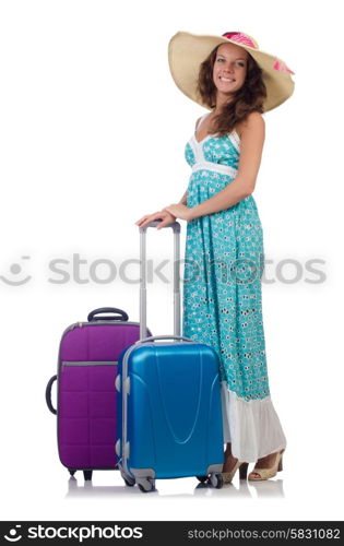 Woman traveller with suitcase isolated on white