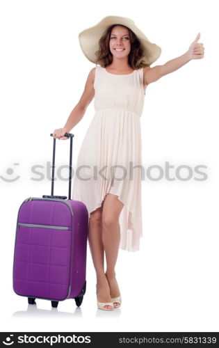 Woman traveller with suitcase isolated on white