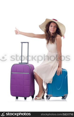 Woman traveller with suitcase isolated on white