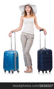 Woman traveller with suitcase isolated on white