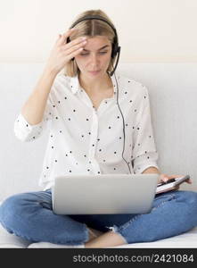 woman trying homework laptop