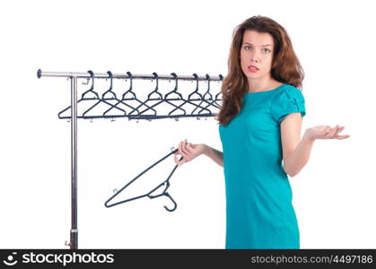 Woman trying new clothing on white