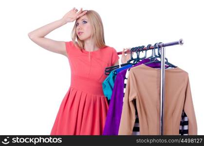 Woman trying new clothing on white