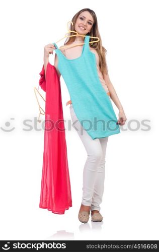 Woman trying new clothing on white