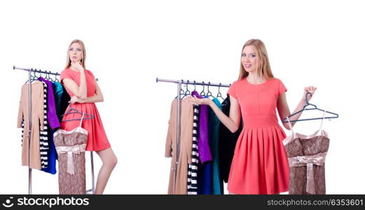 Woman trying new clothing on white