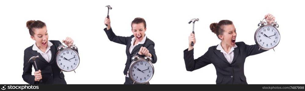 Woman trying to break clock. Woman trying to break the clock
