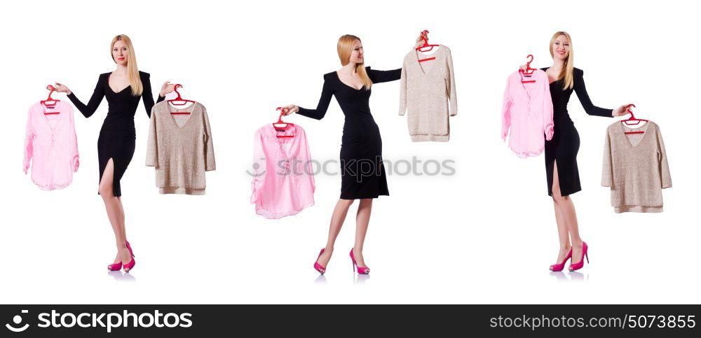 Woman trying to choose dress on white