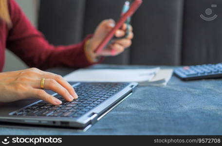 Woman typing work or chatting on laptop Suitable for making infographics.
