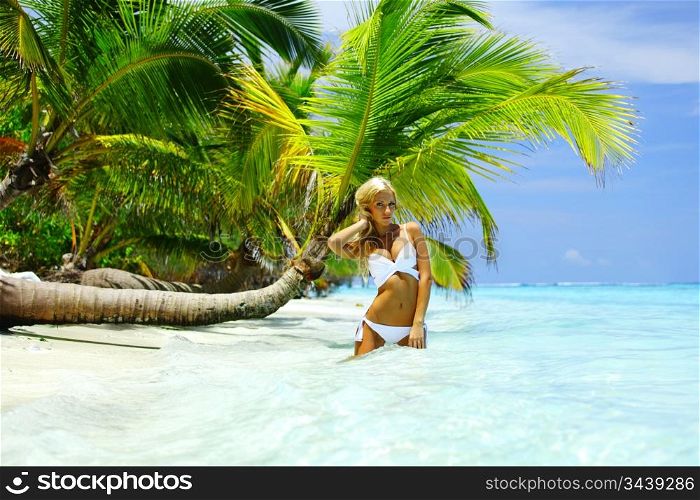 woman under palm sea on backgroud