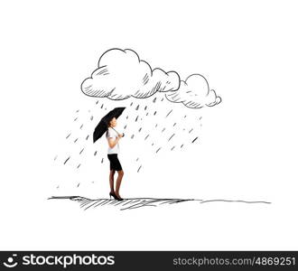 Woman under rain. Businesswoman with umbrella under hand drawn rain