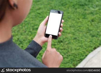 woman use phone white blank screen outdoor lifestyle