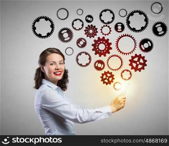 Woman use tablet device. Confident young businesswoman working on digital tablet pc