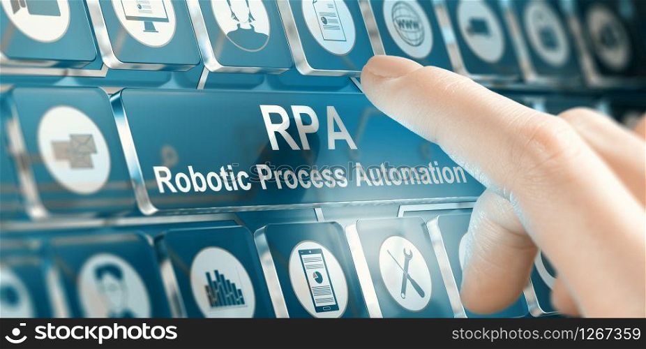Woman using a RPA Robotic Process Automation system by pressing a button. Composite image between a hand photography and a 3D background.. RPA, Robotic Process Automation Concept