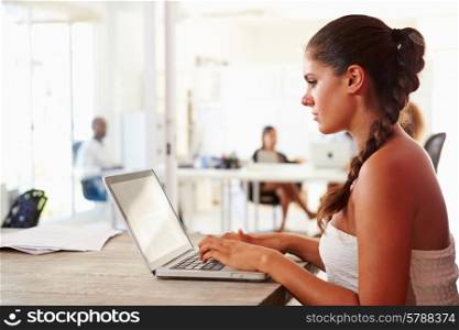 Woman Using Laptop In Modern Office Of Start Up Business