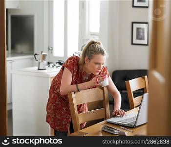 Woman using laptop on dining table elevated view
