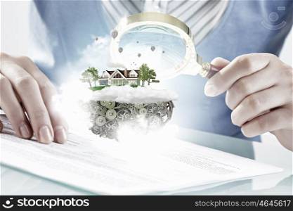Woman using magnifier for exploration. Woman botanist checking green ecology concept with magnifying glass