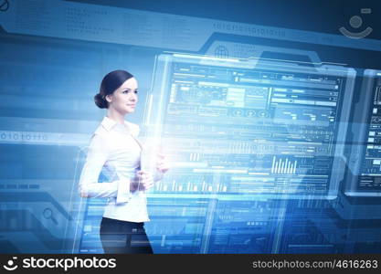 Woman using modern technologies. Businesswoman with tablet pc against high tech blue background