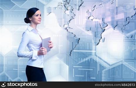 Woman using modern technologies. Businesswoman with tablet pc against high tech blue background