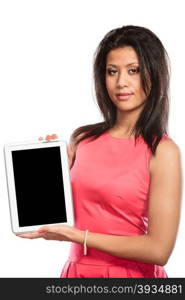 Woman using pc tablet with blank empty screen.. Young fashion mixed race african woman girl using computer tablet with blank empty screen. Modern technology advertisement.