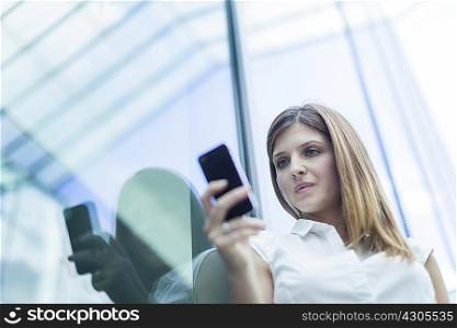 Woman using smartphone against glass window