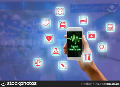 Woman using smartphone, Digital healthcare concept.