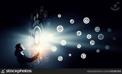 Woman using tablet device. Modern wireless technology and social media illustration