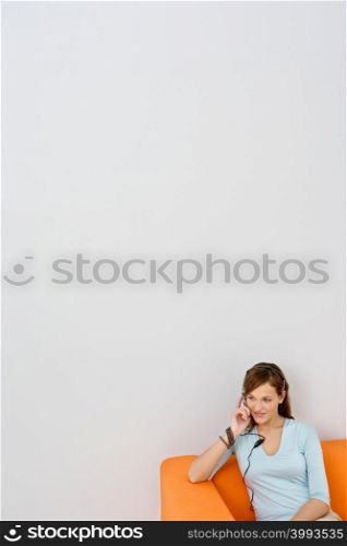 Woman using telephone headset