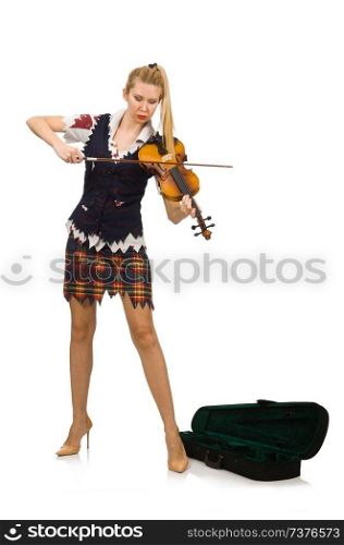 Woman violin player isolated on white