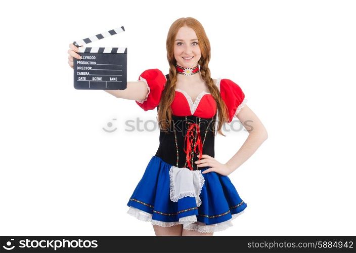 Woman waiter with movie board isolated on white