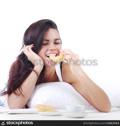 woman wake and see morning coffee