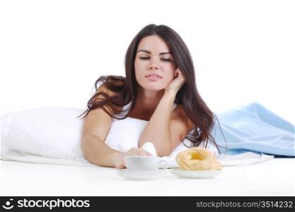 woman wake and see morning coffee