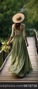Woman Walking Across a Wooden Bridge Wearing Green Retro Clothes. Generative ai. High quality illustration. Woman Walking Across a Wooden Bridge Wearing Green Retro Clothes. Generative ai
