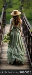 Woman Walking Across a Wooden Bridge Wearing Green Retro Clothes. Generative ai. High quality illustration. Woman Walking Across a Wooden Bridge Wearing Green Retro Clothes. Generative ai