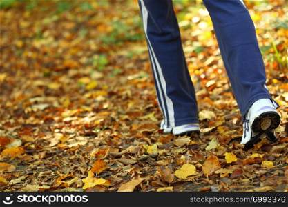 Woman walking cross country and trail in autumn forest
