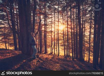 Woman walking in the autumn forest, pretty girl spending morning in the park, enjoying mild yellow sunlight breaking through tree trunks, serene fall weekend
