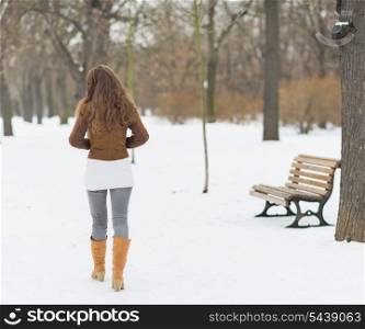 Woman walking in winter park . rear view