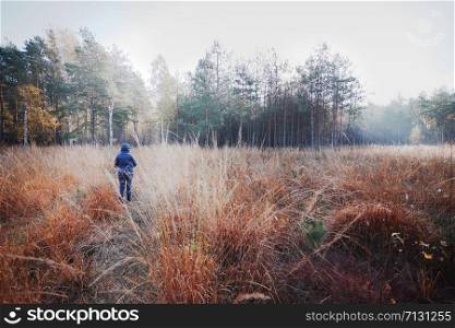 Woman walking through a meadow toward a forest. Forest in autumn season. Colorful foliage on trees lit by morning sunlight. Natural nature forest landscape in autumn warm sunlight day. Real people, authentic situations