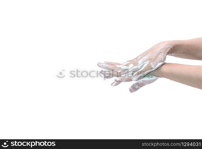 Woman washing hand with soap foam and water. Hand clean for good personal hygiene to prevent coronavirus or flu epidemic.Procedure of hand wash to kill germs, virus, bacteria. Cleaning dirty hands.